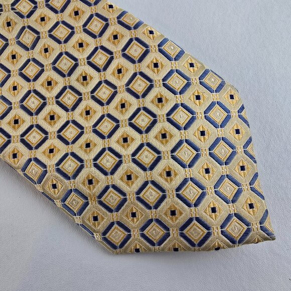Pronto Uomo Tie Mens Yellow Extra Long Blue Geometric Pattern 100% Silk Necktie - Picture 1 of 7